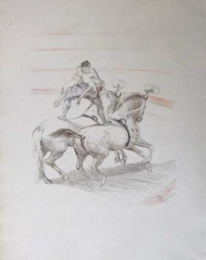 Bareback Rider Holding Woman Riding Two Horses